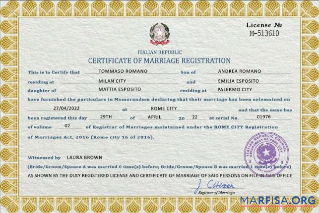 Printable Italy marriage certificate PSD template